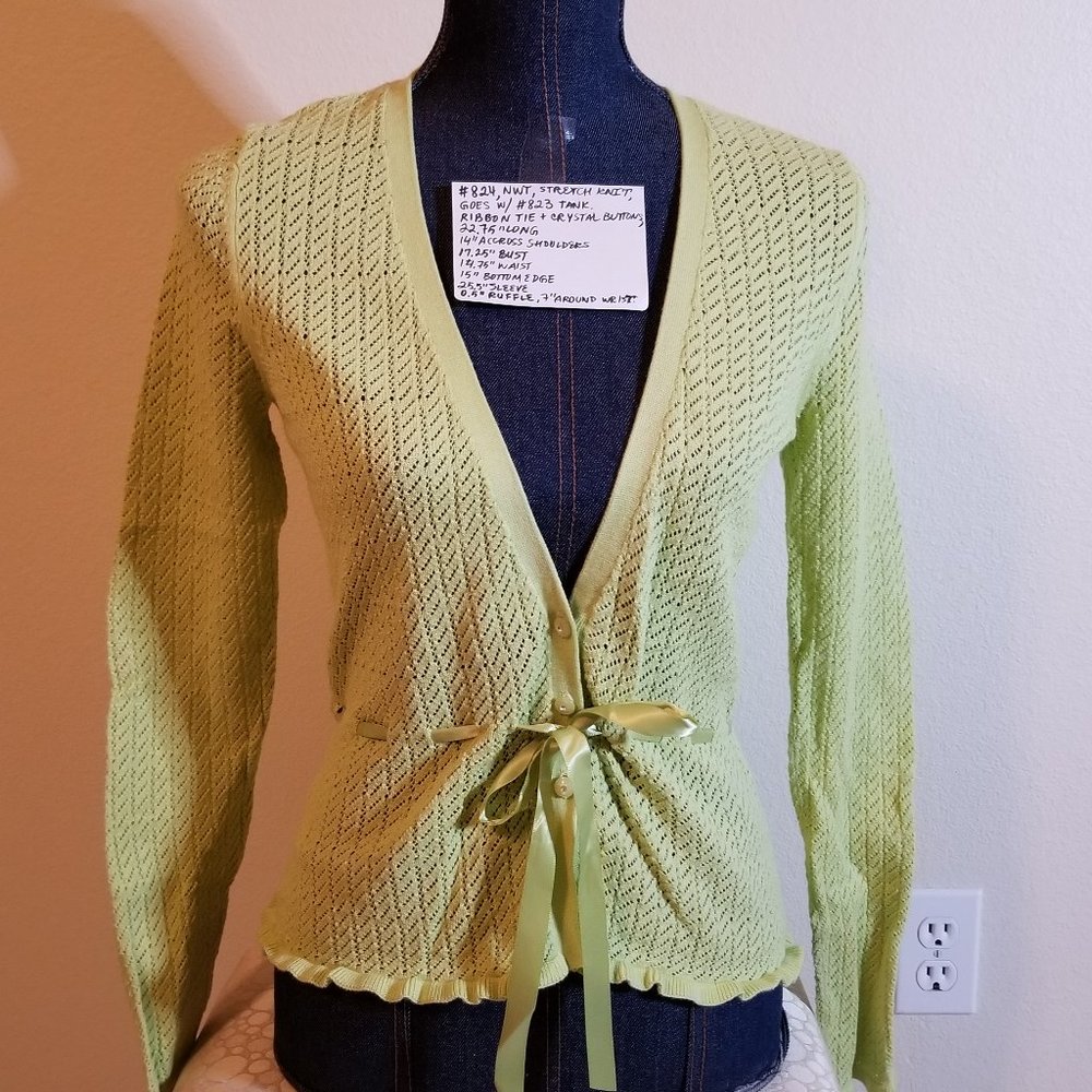 ✅NWT Axcess Liz Claiborne Company S Green Eye-let Knit Cardigan #824, B17